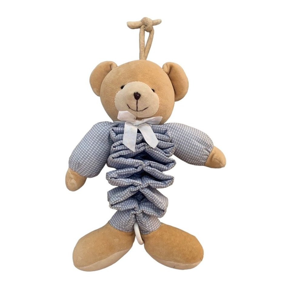 Harrods Knightsbridge Blue Gingham Beige‎ Bear Plush Baby Music Toy Slinky 9-16"